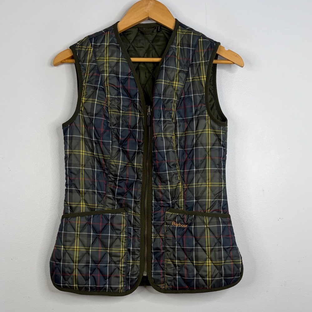 Barbour Tartan Betty Vest Womens 4 Green Plaid Quilted Gilet Liner Equestrian
